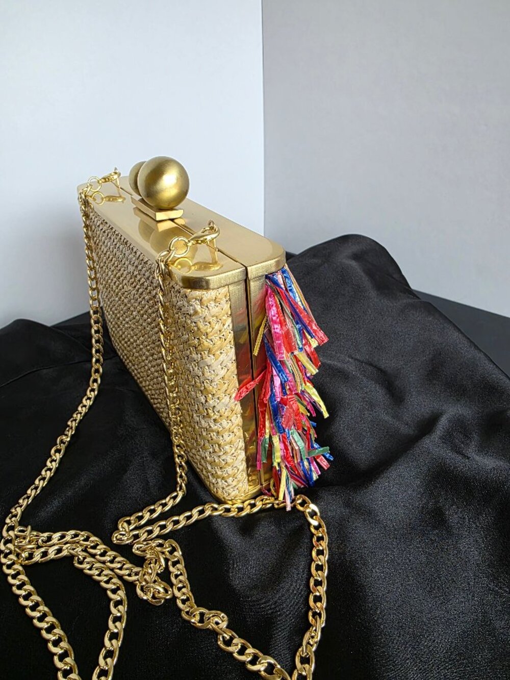 Olga Berg Carlita Carnivale Clutch Bag Multicolor Raffia Gold Frame Chain Strap - Picture 6 of 16